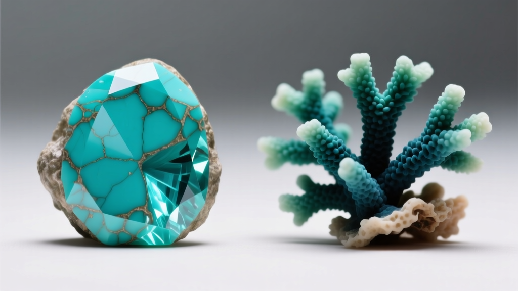 Macro shot comparing natural Sleeping Beauty turquoise with dyed bamboo coral, showing matrix variations and dye concentrations.