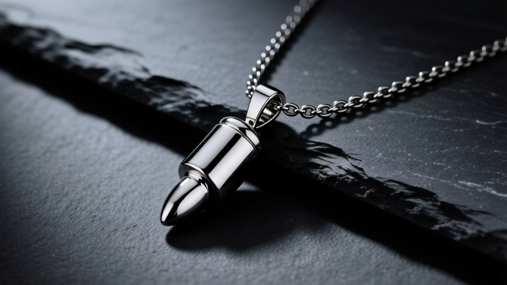 Surgical steel phallic pendant on a black stainless steel rolo chain resting on dark slate under moody studio lighting