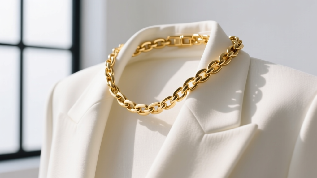 Thick 18k gold Figaro choker necklace resting on a white linen blazer collar, illuminated by soft natural studio window light