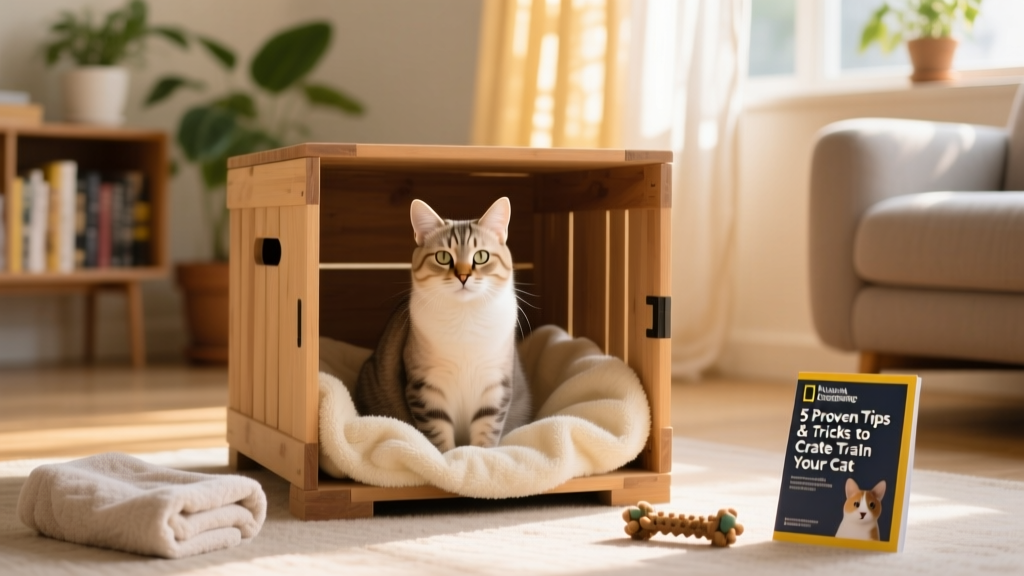 A calm, relaxed cat sitting inside an open, cozy crate lined with a soft blanket