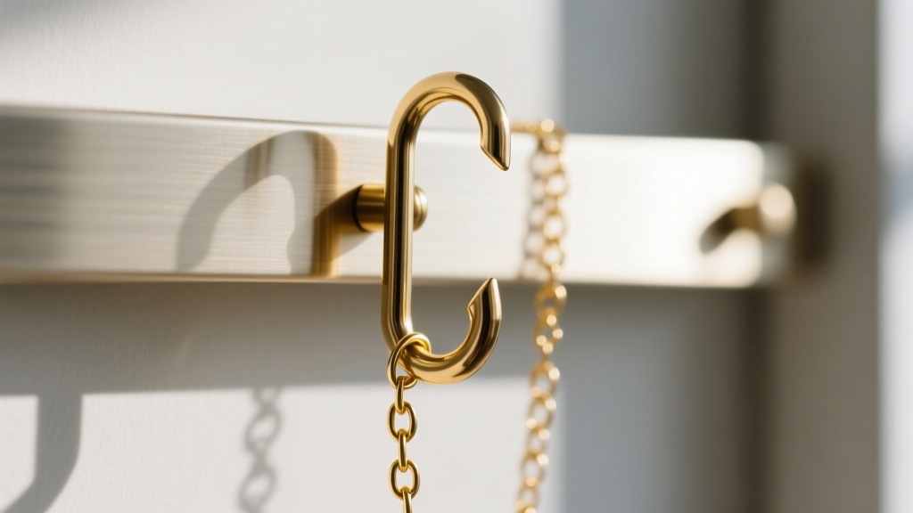 Macro shot of a 14-gauge brass hook on a metal necklace wall rack holding a delicate gold rolo chain without bending the links.