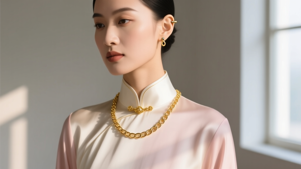 18k gold ear-to-neck chain draped from a helix piercing to a collarbone clasp, worn with a silk áo dài collar in soft daylight.