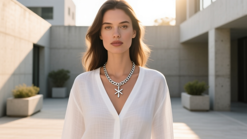 Woman wearing an 18-inch silver box chain with a small Ichthys pendant over a white linen V-neck shirt in natural daylight.