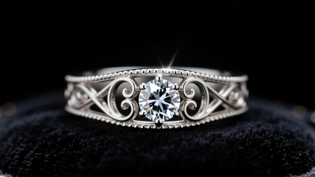 Macro photo of an Edwardian platinum and diamond filigree ring resting on dark velvet under bright gemological loupe lighting