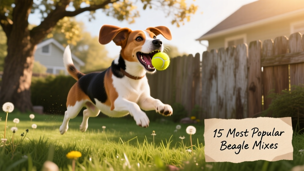 A joyful Beagle mix playing in a sunlit backyard with a tennis ball