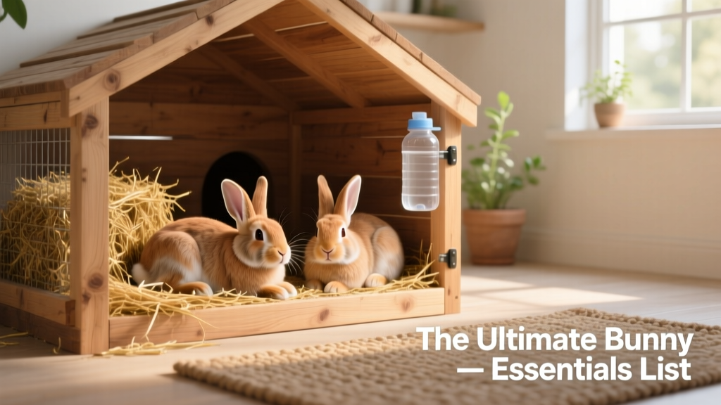 Two tanned rabbits resting comfortably in a spacious, well-ventilated wooden hutch with fresh hay and a water bottle