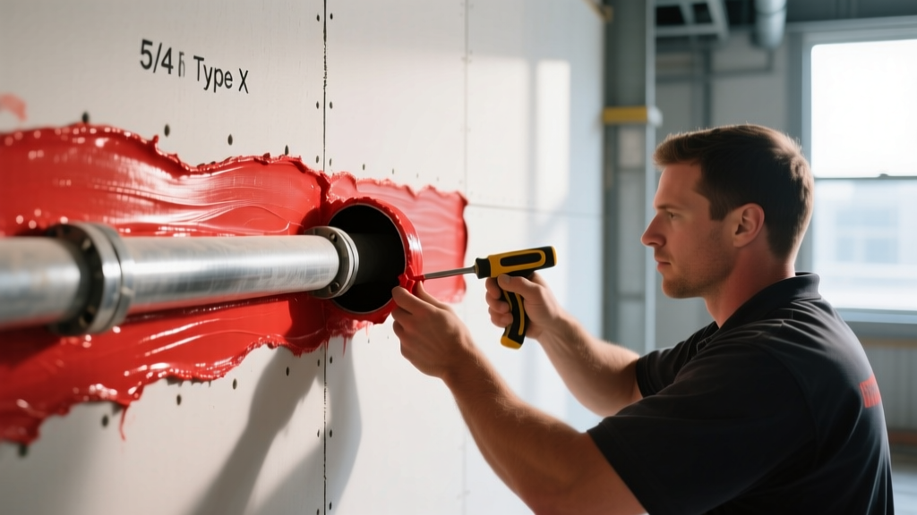 Contractor applying red intumescent firestop sealant around a pipe penetration in a 5/8-inch Type X gypsum board fire wall.