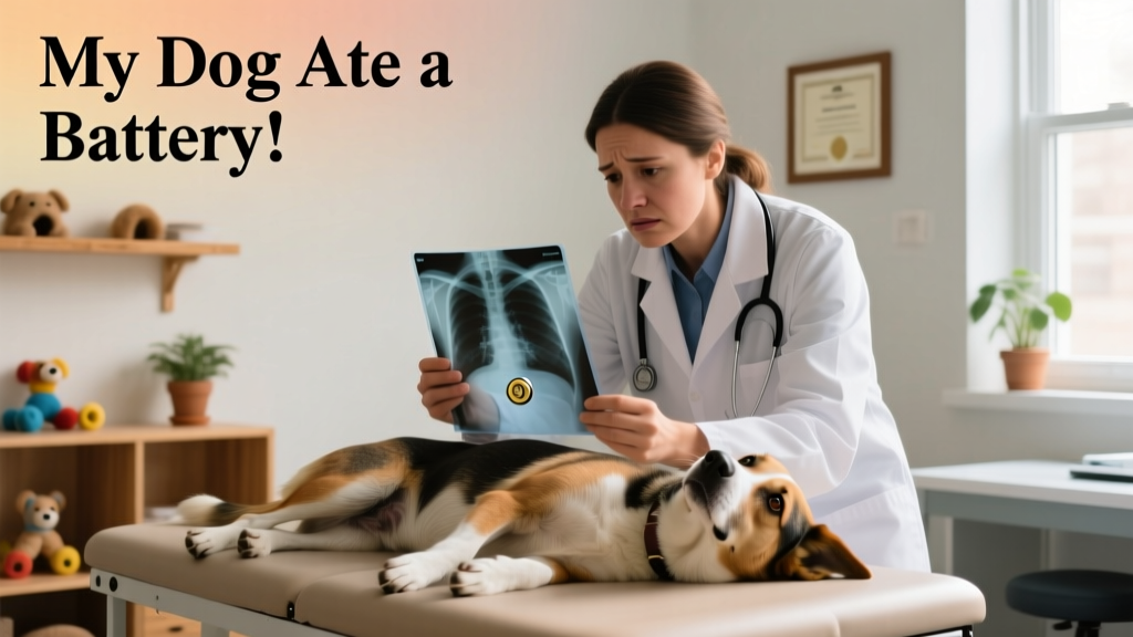 Veterinarian examining a dog while holding an X-ray image showing a battery in the stomach