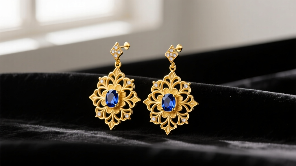 Sculptural 18k yellow gold Iradj Moini drop earrings with intricate floral motifs and blue cabochon sapphires resting on dark velvet.