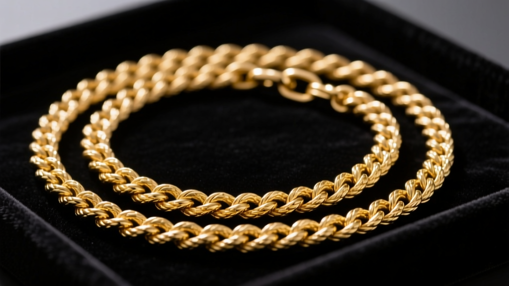 Close-up of a tangled 14k gold 20-inch rope chain on a dark velvet jewelry tray, illuminated by soft directional studio lighting.