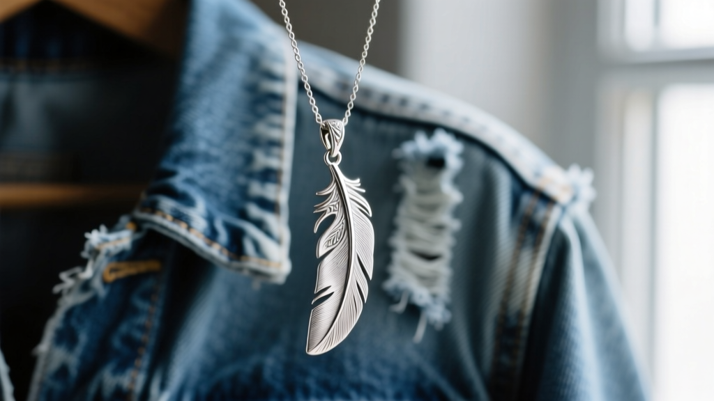 Macro shot of a textured sterling silver feather pendant on a delicate cable chain against a blurred vintage denim jacket backdrop