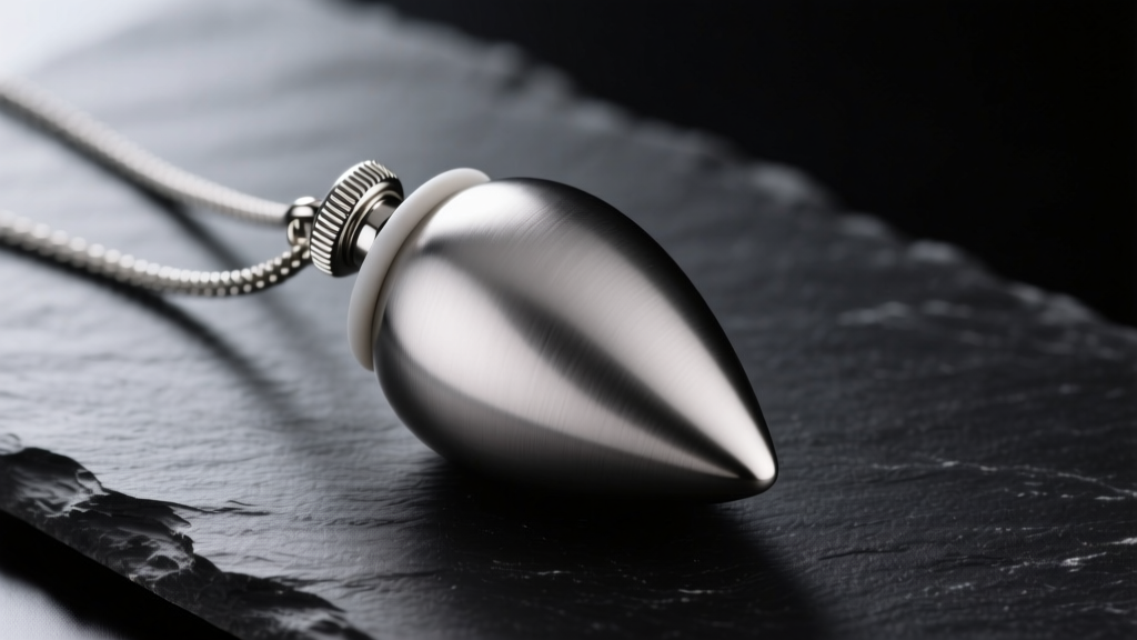 Brushed steel teardrop cremation urn pendant on dark slate, soft lighting highlighting the threaded screw cap and silicone seal.