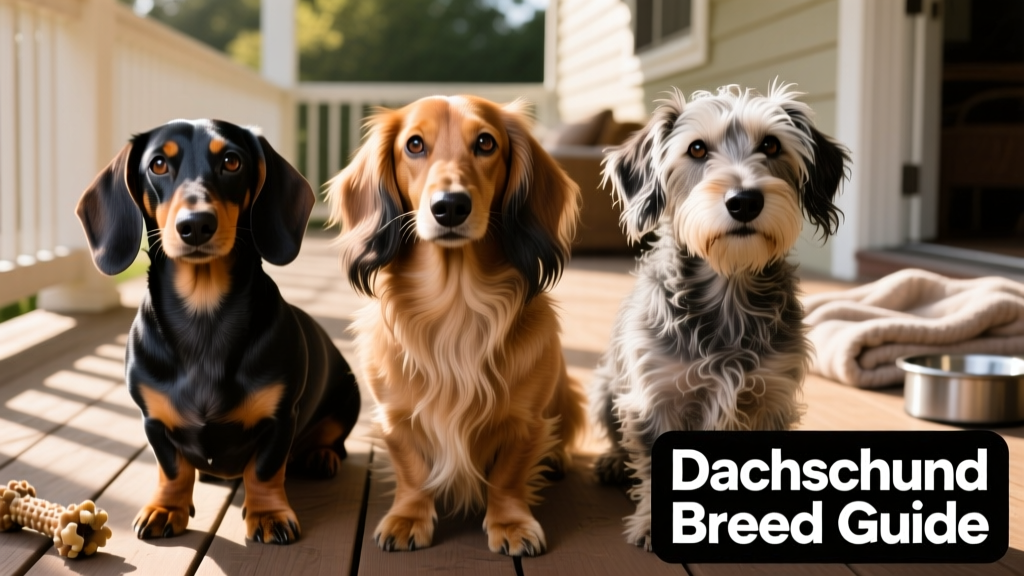 Three Dachshunds side-by-side—one smooth, one longhaired, one wirehaired—highlighting their distinct coat textures and expressive faces