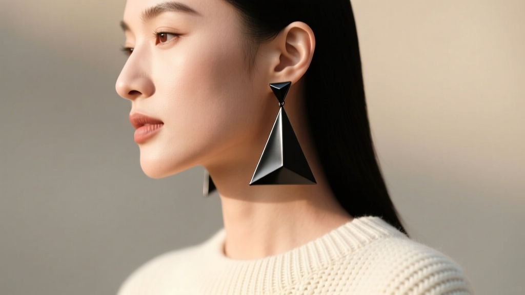 Side profile of model wearing long matte black steel triangular dangle earrings, contrasting sharply against a warm knit sweater