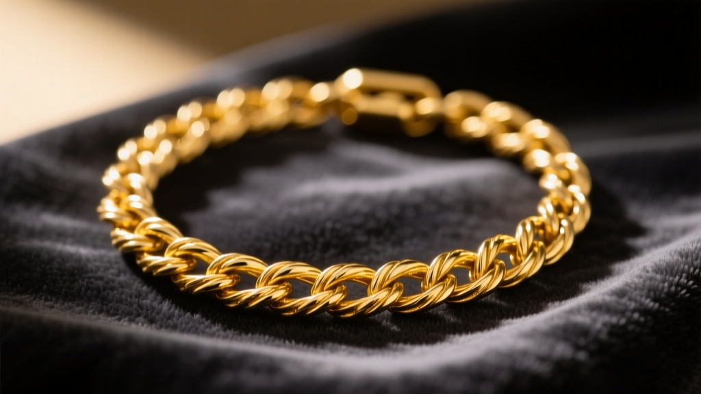 Close-up of a vintage 1990s 14k yellow gold hollow rope chain resting on a dark velvet cloth, illuminated by warm studio lighting.