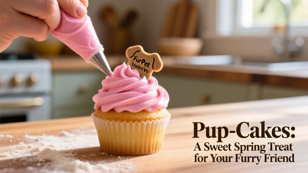 Close-up of a hand piping pink yogurt frosting onto a freshly baked mini dog cupcake, with a FurPetVo training treat placed on top