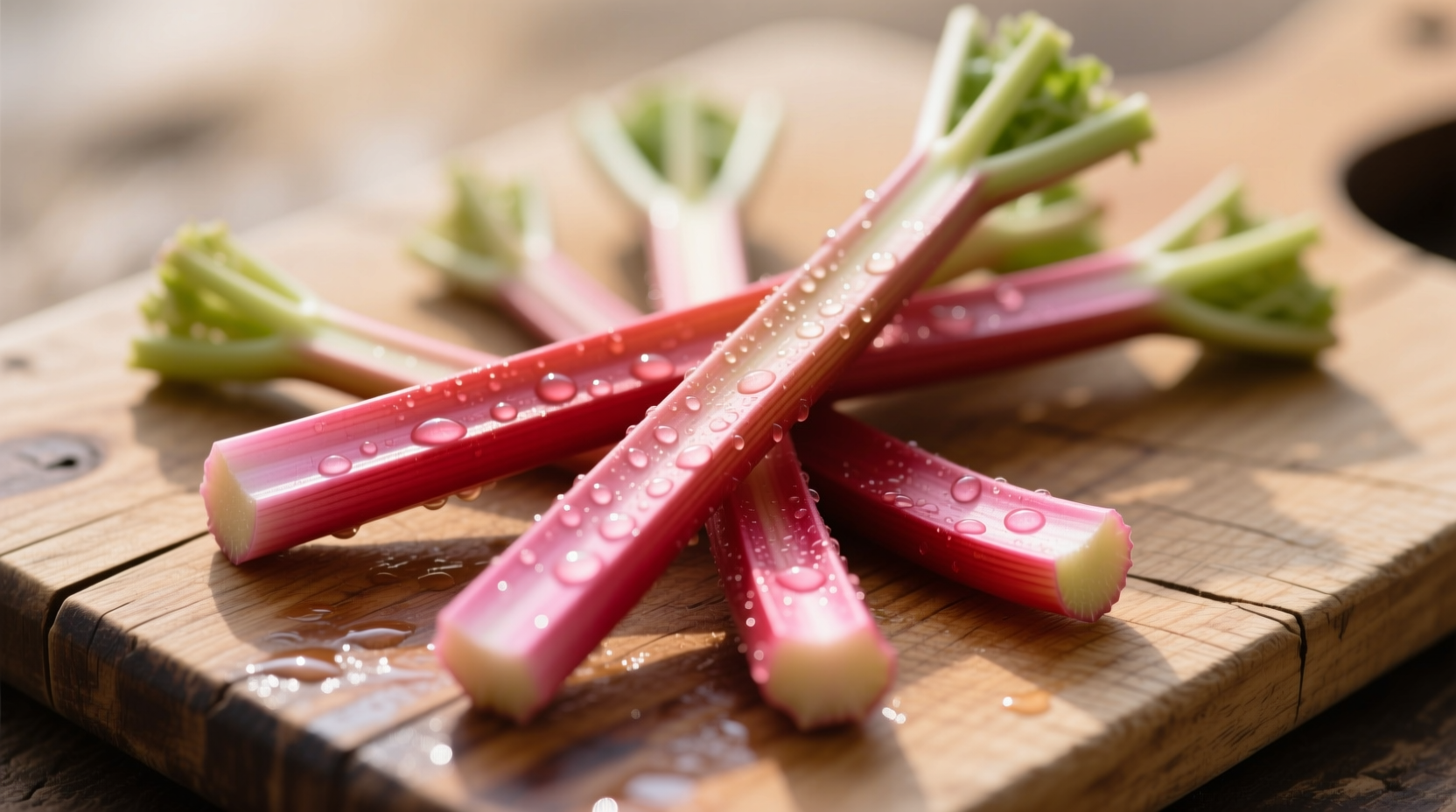 Fresh rhubarb stalks on wooden cutting board