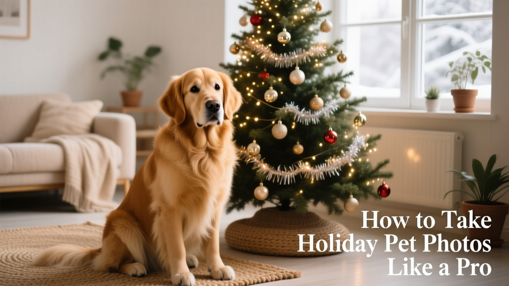A golden retriever sitting calmly beside a decorated Christmas tree, bathed in soft natural light from a nearby window