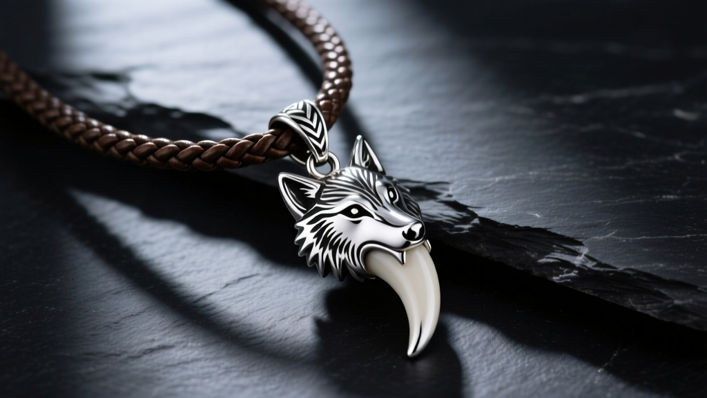 Polished 925 silver wolf tooth pendant on a thick braided leather cord, resting on dark slate with moody, dramatic lighting