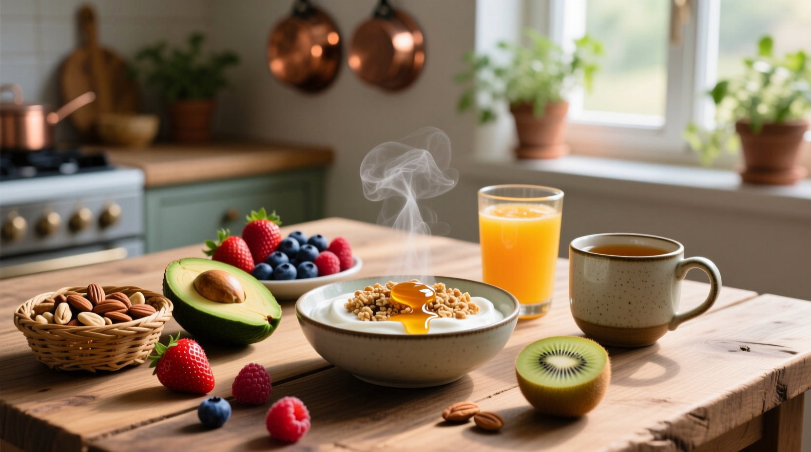 Healthy breakfast options on wooden table