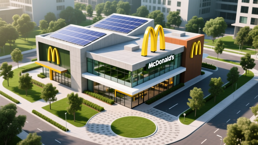 Aerial view of a newly constructed modern McDonald's restaurant with a dual-lane drive-thru, digital menu boards, and fresh asphalt paving