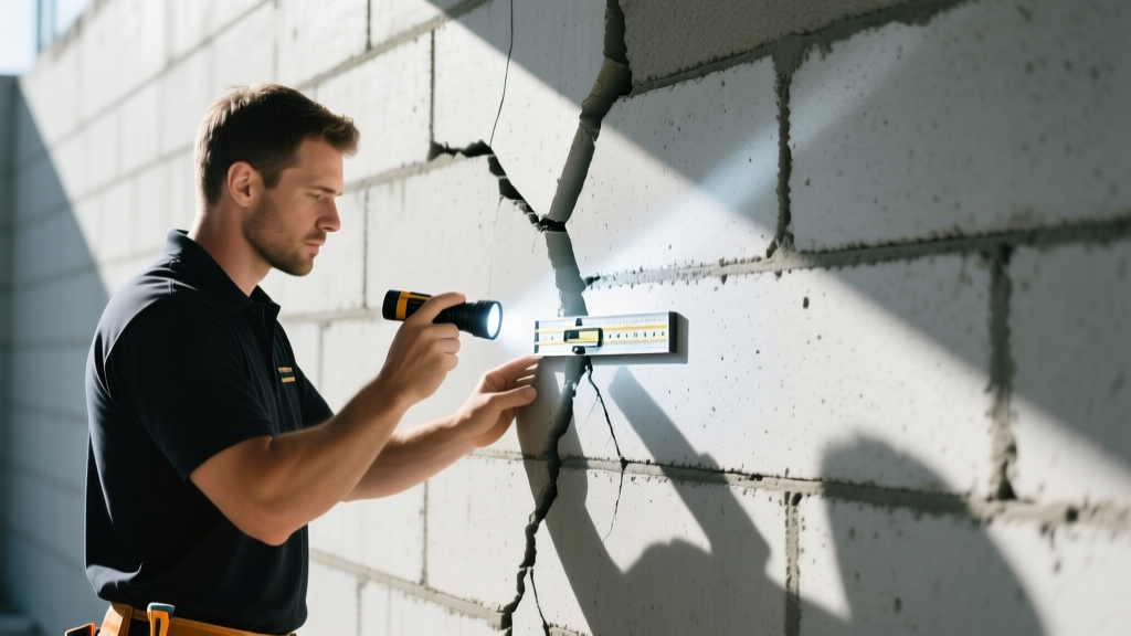 Mason inspecting a stepped crack in a hollow core concrete block wall with a flashlight and crack width gauge in bright daylight