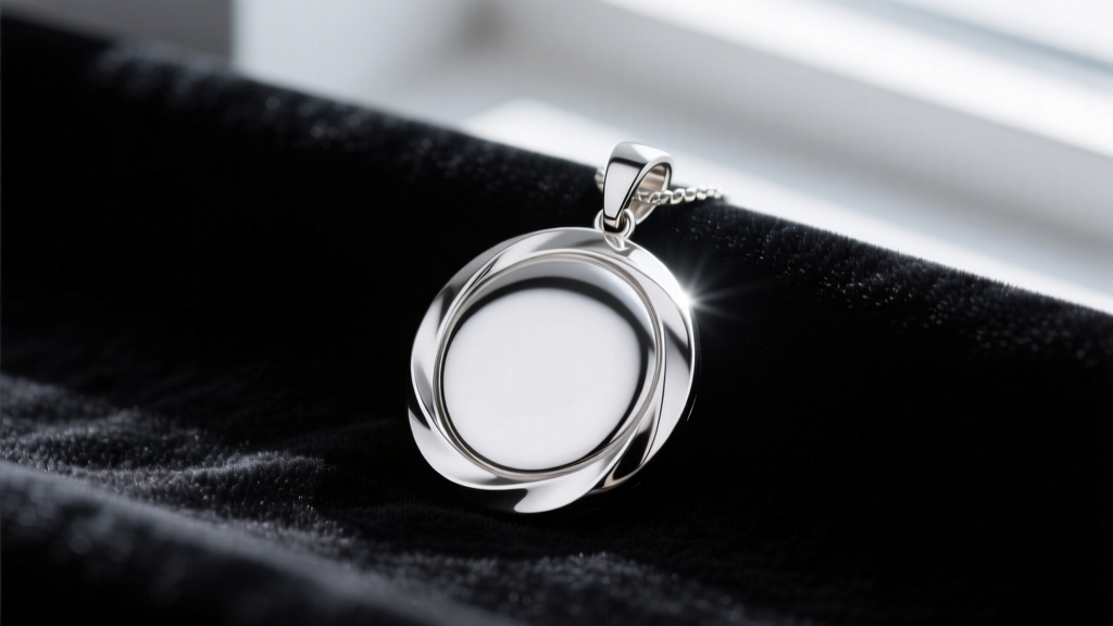 Close-up of a highly polished rhodium-plated sterling silver mirror pendant reflecting a ring light, resting on dark velvet fabric