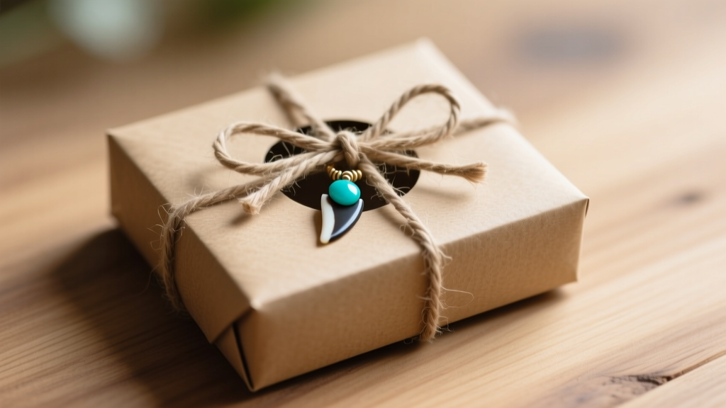 A beautifully wrapped kraft paper gift box containing a finished shark tooth necklace with a turquoise bead accent and jute twine.
