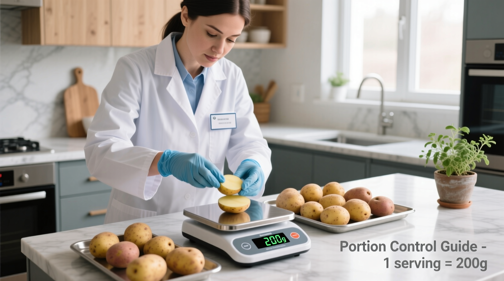 Nutritionist measuring potato portions on kitchen scale