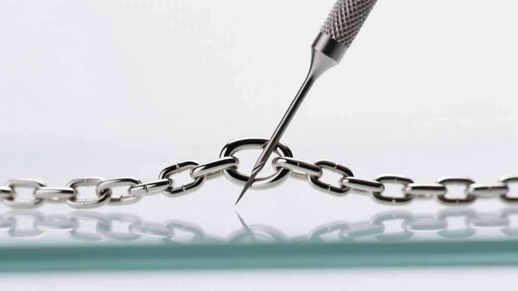 Macro shot of a steel needle prying apart a micro-knot in a 1mm sterling silver box chain resting on a clean glass surface.