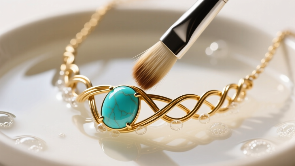 Close-up of a soft-bristle brush gently cleaning a gold-filled wire wrap necklace with a turquoise cabochon in mild soapy water