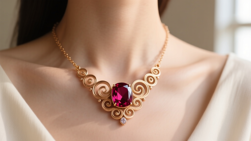 Retro ruby necklace vintage piece with a cabochon ruby in a rose gold scroll setting, resting gracefully on a bare collarbone.