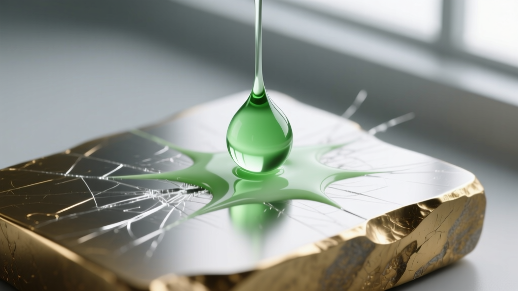 Drop of nitric acid reacting on a scratch mark on a testing stone, showing a milky green color indicating silver plated over brass.