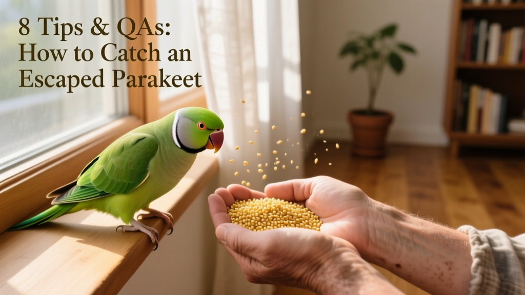 A pair of hands gently offering millet to a perched parakeet inside a sunlit room