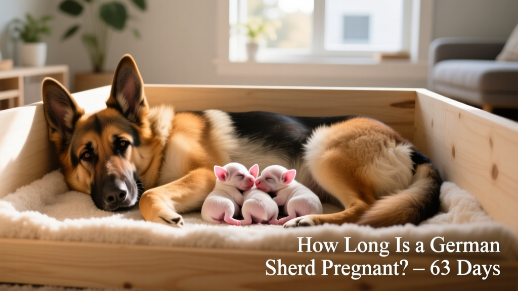 German Shepherd mother resting comfortably with her newborn puppies in a clean whelping box