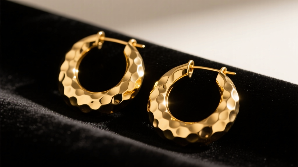 1970s gold vermeil disco hoops on black velvet, showing hammered texture and warm patina under soft studio lighting.