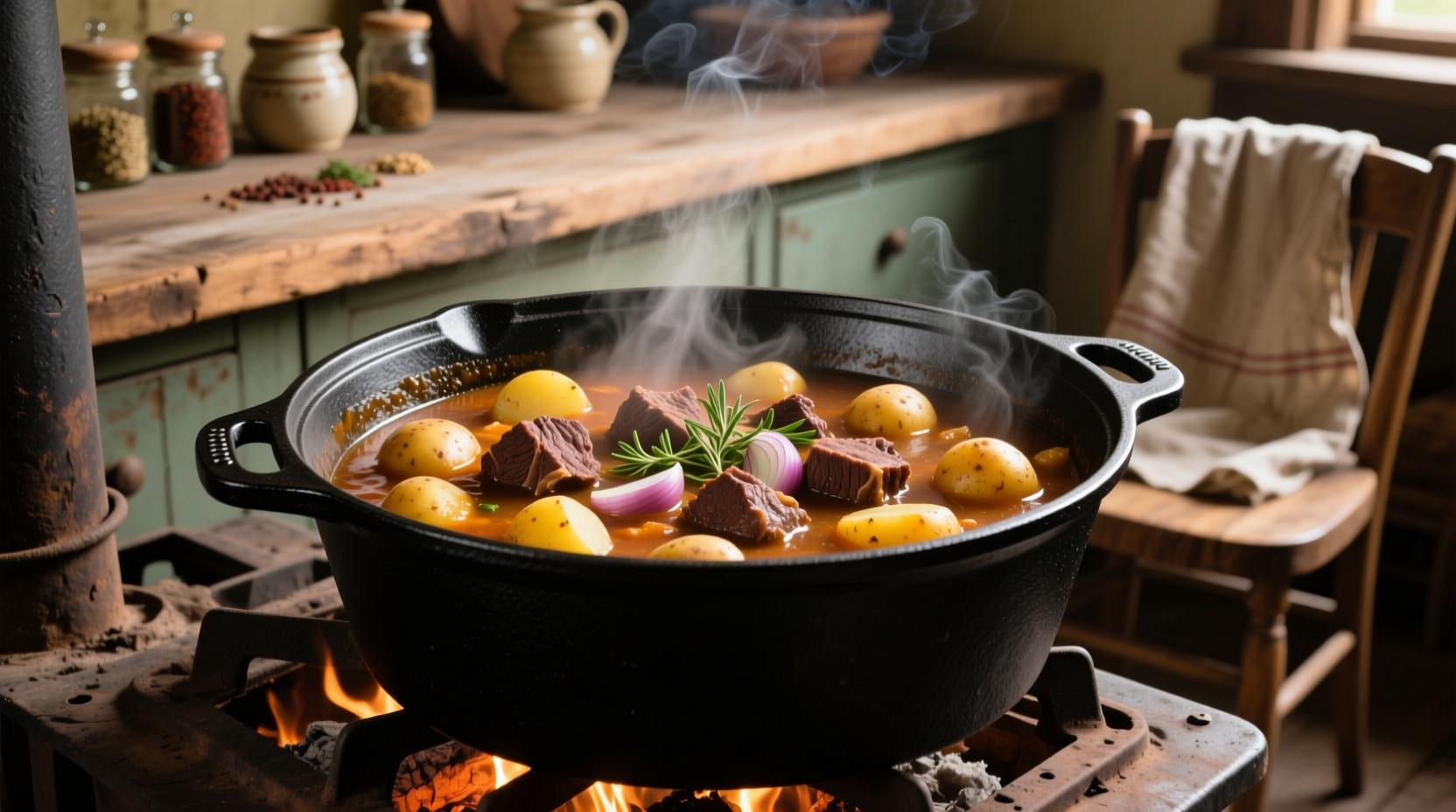 Beef potato stew simmering in cast iron pot