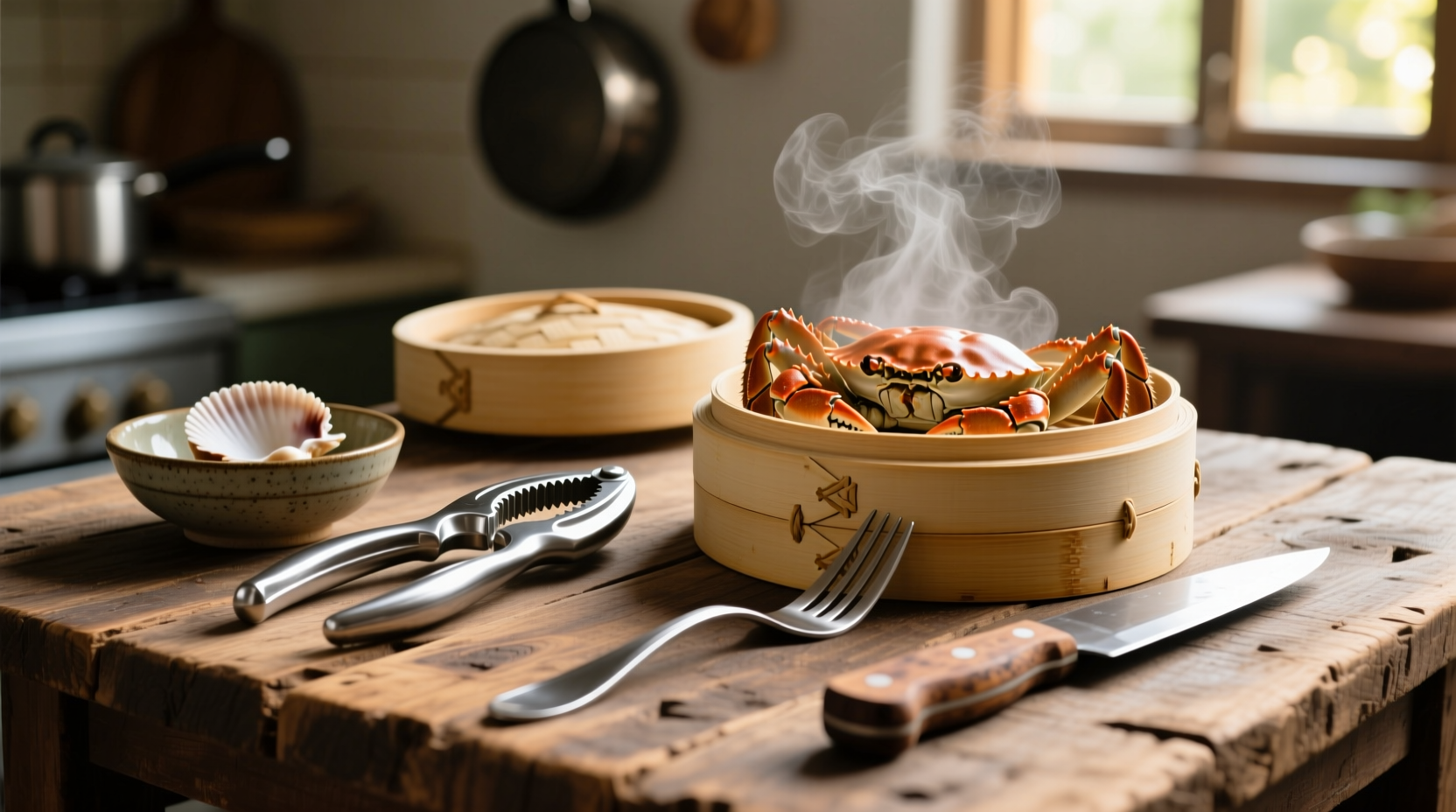 Cooked crab preparation tools on wooden table