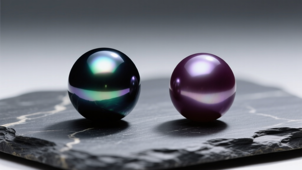 Side-by-side comparison of a lustrous Tahitian black pearl and a matte dyed freshwater pearl resting on dark slate stone.