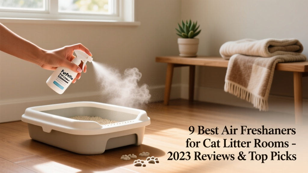 A hand spraying FurPetVo Pet Odor Eliminator lightly onto litter box edges and surrounding floor