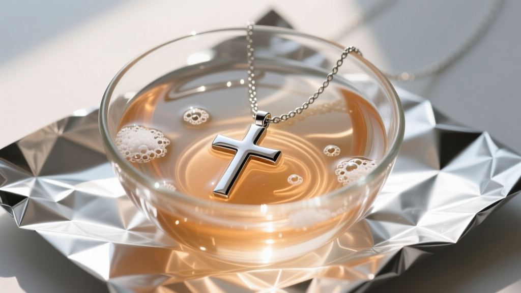 Silver cross necklace in a glass bowl of warm water and baking soda, aluminum foil on the bottom, bright natural daylight.