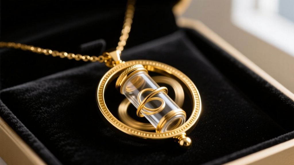 Close-up of a gold-plated Time-Turner replica necklace on dark velvet, highlighting the spinning rings and central glass vial.