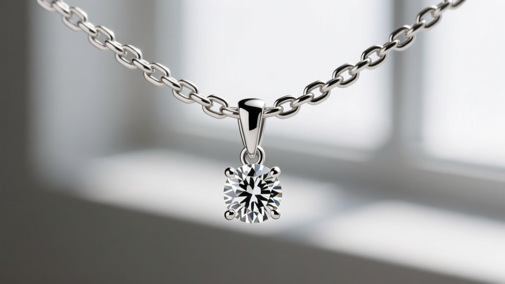 Extreme close-up of a 1.0mm platinum box chain threaded through the bail of a tiny diamond pendant, showing precise metal joints.