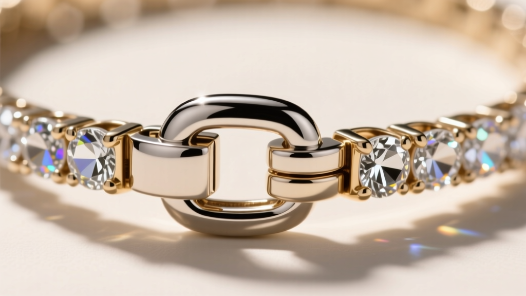 Macro shot of a magnetic clasp on a crystal collar necklace, showing the rhodium-plated brass finish and secure locking mechanism