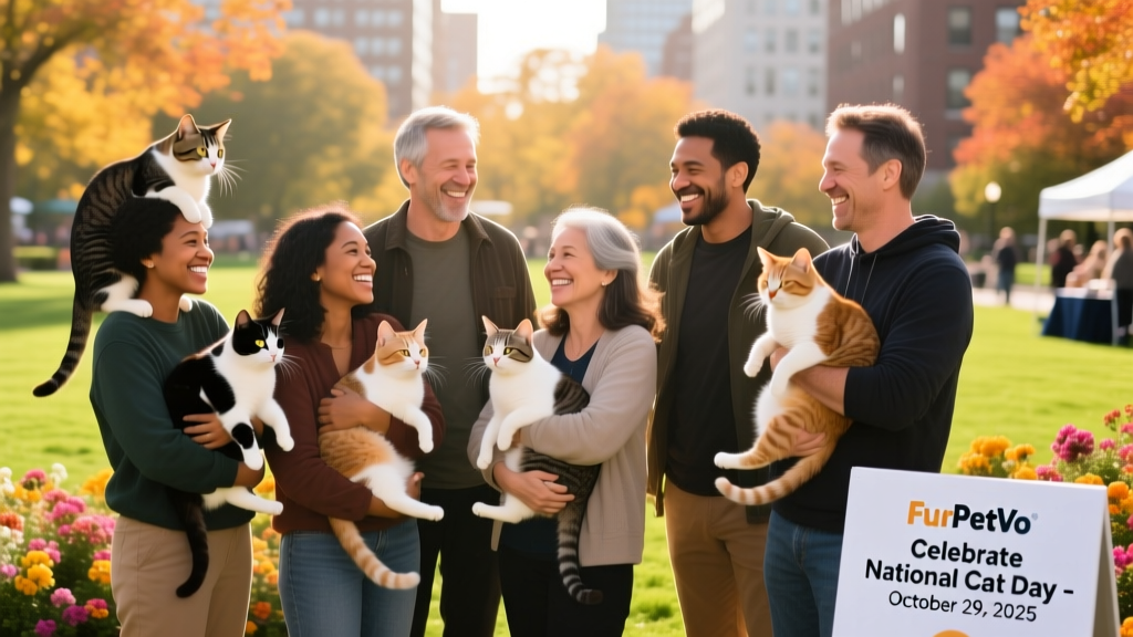 A diverse group of happy cat owners smiling beside their cats at a FurPetVo-sponsored National Cat Day community event
