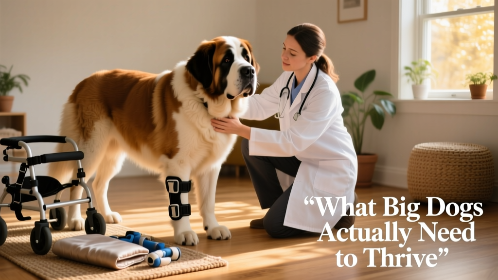 A veterinarian gently examining a gentle-looking Saint Bernard during a routine wellness check, with visible joint support equipment nearby