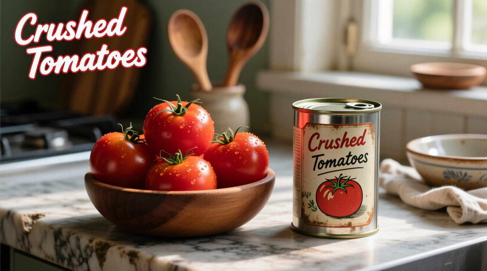 Fresh tomatoes and canned crushed tomatoes side by side