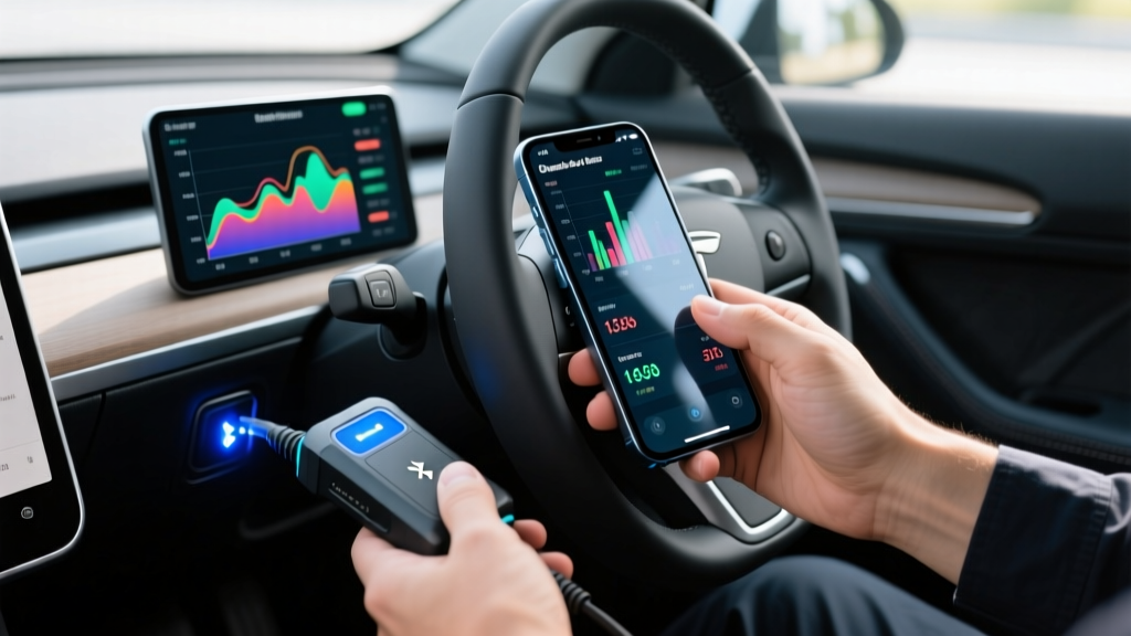 Hands plugging Bluetooth CAN bus scanner into EV diagnostic port under steering wheel, smartphone screen displaying battery cell voltage variance.