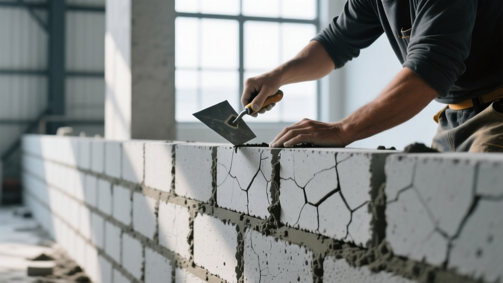Mason laying split-face architectural concrete block wall with trowel, showing textured grey finish against modern framing