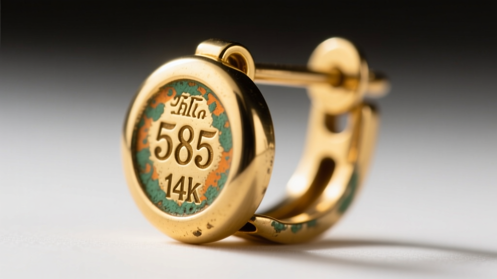 Macro shot of a vintage 14k gold earring clasp showing clear 585 hallmark stamps and slight patina on the leverback mechanism.